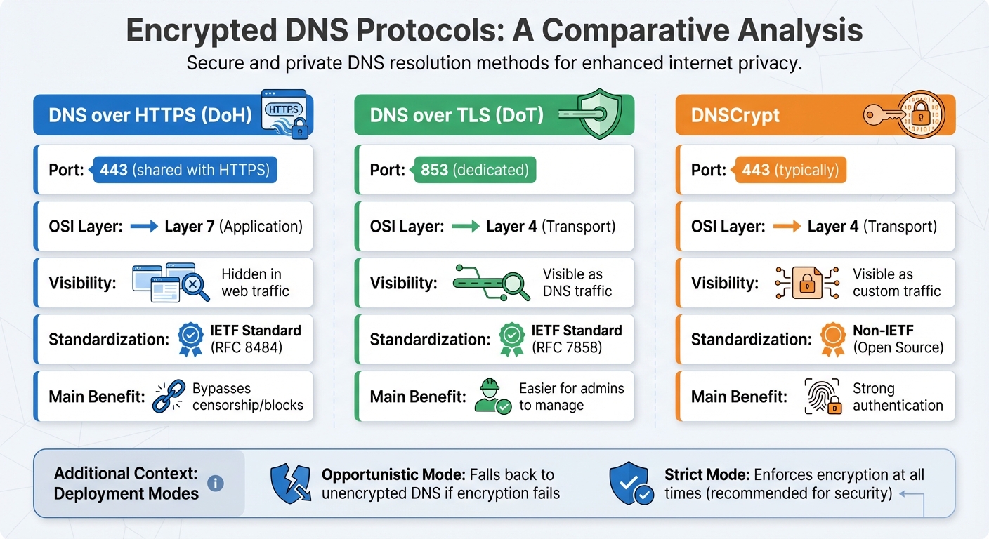 Encrypted DNS protocols comparison: DNS over HTTPS (DoH), DNS over TLS (DoT), and DNSCrypt