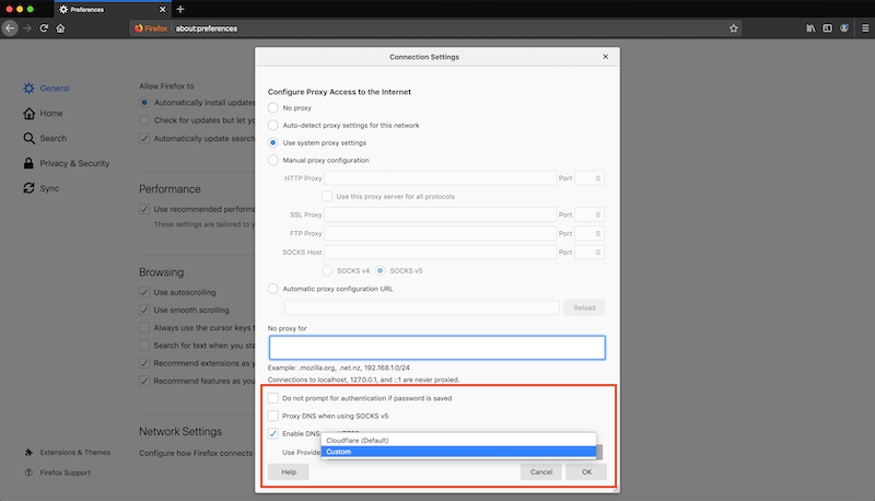 Connection settings in Firefox